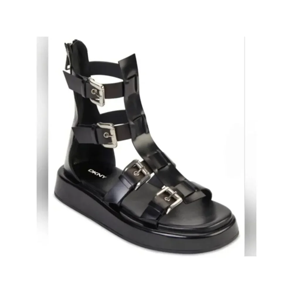 DKNY Womens Black Clover Round Toe Platform Zip-Up Leather Gladiator Sandles 7